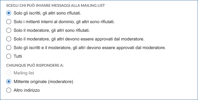Rappresentazione nella sezione Permessi delle Impostazioni della mailing list.